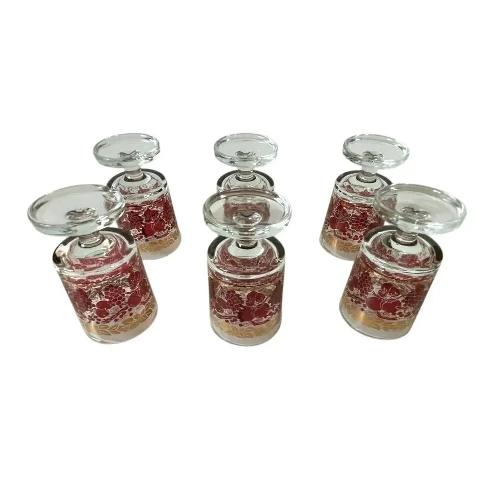 Vintage Red & Fold Motif Footed Glasses Set of 6 Retro Mid Century Barware Drink